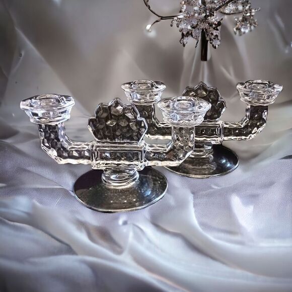 Fostoria American Clear Candlesticks Glass Double Holders Vintage Art Deco Pair. - Picture 9 of 16